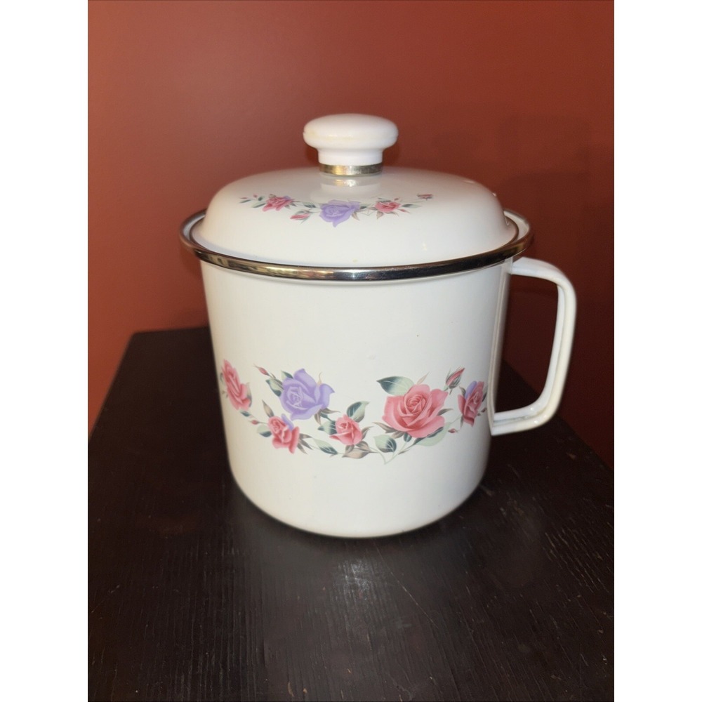 VINTAGE GMI ENAMELWARE 8 CUP STOCK POT WITH LID PINK & PURPLE ROSES